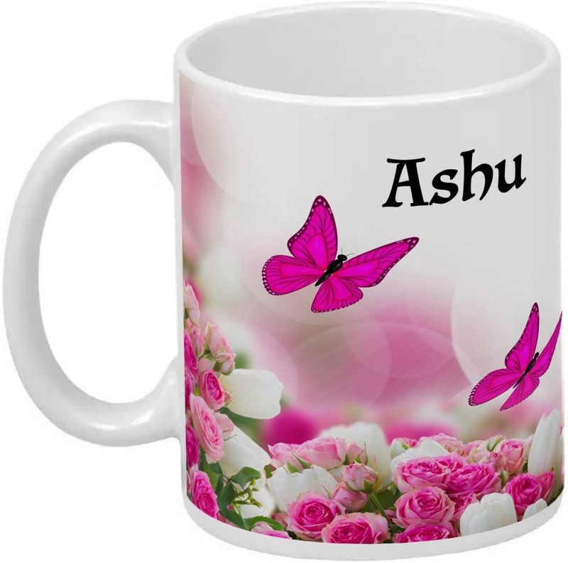 Wagwan Ashu Printed Butterflies & Pink Rose Gifts for Girlfriend Wife Sister on Birthday Valentine Rakhi MG120_WHT Ceramic Coffee Mug  (350 ml)