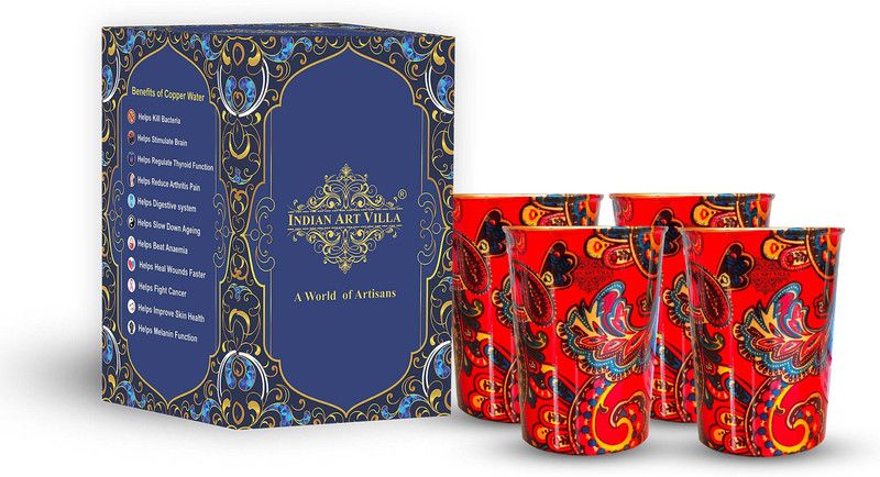 IndianArtVilla (Pack of 4) 4-Pure Copper 300 Ml Marble Printed Glass/Tumbler with Red Paisley Print Glass Set Water/Juice Glass  (300 ml, Copper, Red)