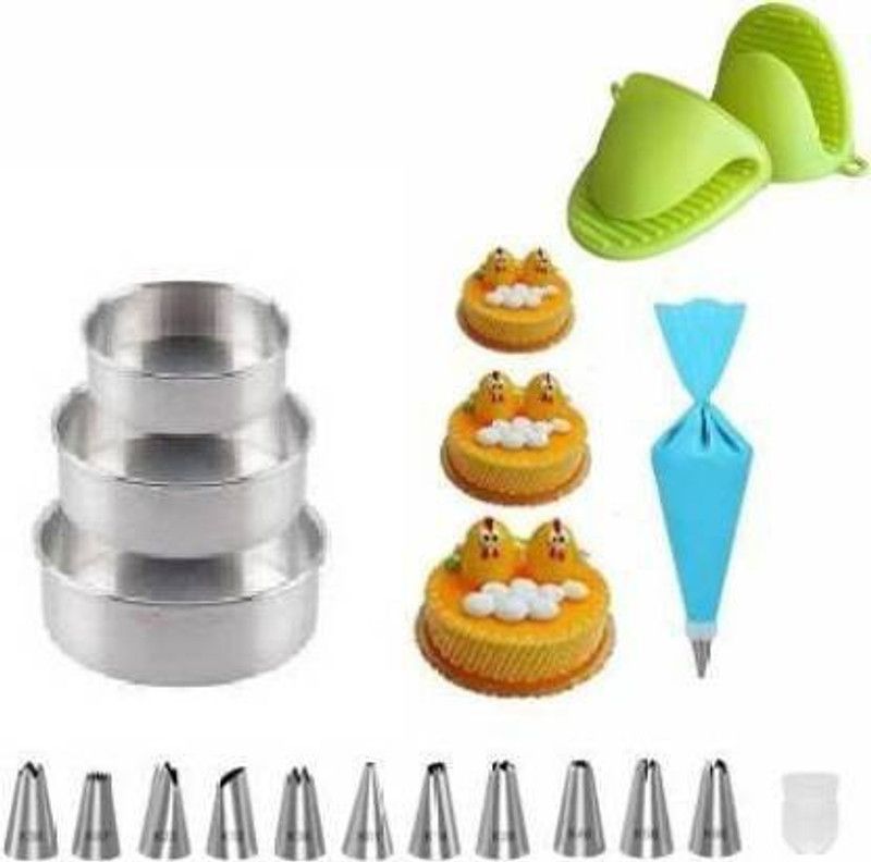 swarupachal swaru 007 cake baking tool set 3 pcs aluminium cake mould * 1 Pair Silicon Oven Gloves * 1=11 pcs cake decorated nozzle set Multicolor Kitchen Tool Set (Multicolor) Multicolor Kitchen Tool Set  (Multicolor, Baking Tools)