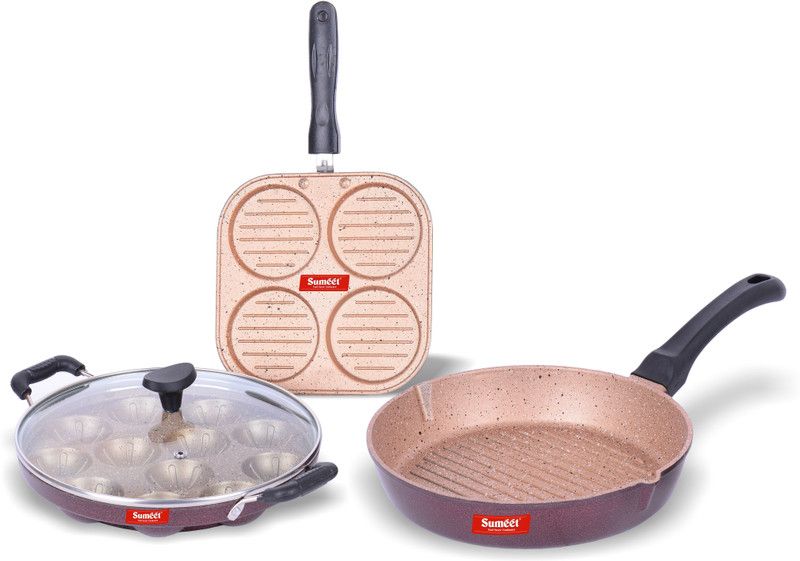 Sumeet Nonstick Granite Finish GRIM 3pc Kitchen Set ( Mini Multi Snack Maker - 4 Cavity - 19.5cm Dia + Grill Appam Patra With Glass Lid - 12 Cavity - 23cm Dia Non-Stick Coated Cookware Set  (Aluminium, 4 - Piece)