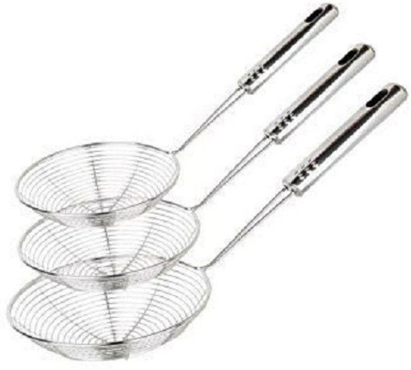 AXOLOTL Stainless Steel Deep Fryer Strainer (Set of 3) (Length: 15" + 14" + 13" Inch) (Diameter: 6.5" + 6" + 5" Inch) Strainer  (Silver Pack of 3)