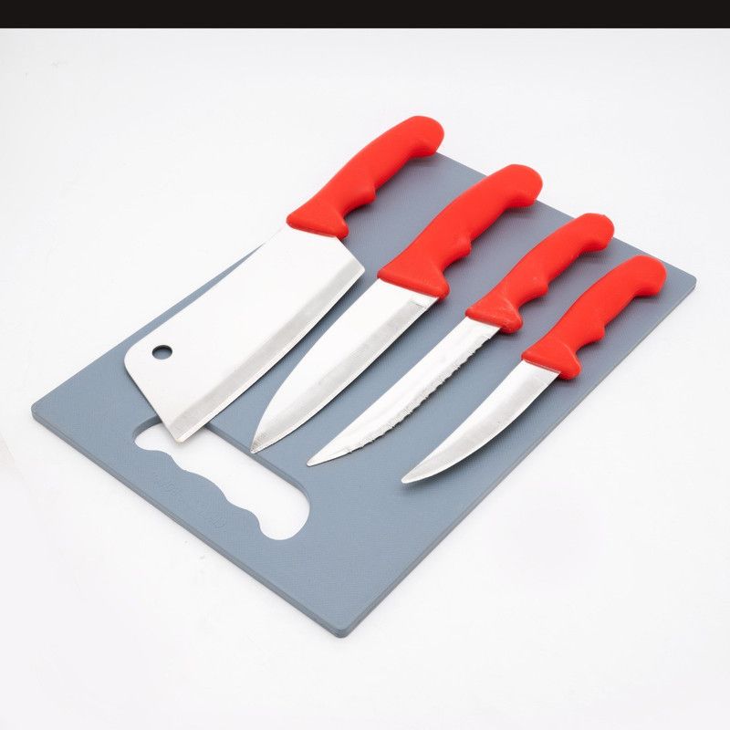 BRANZY Chopping Board with Knife Set, 5 Piece Kitchen Knife Set Cutting Board Kitchen Tool Set  (Grey, Red, Knife, Cutting Board)