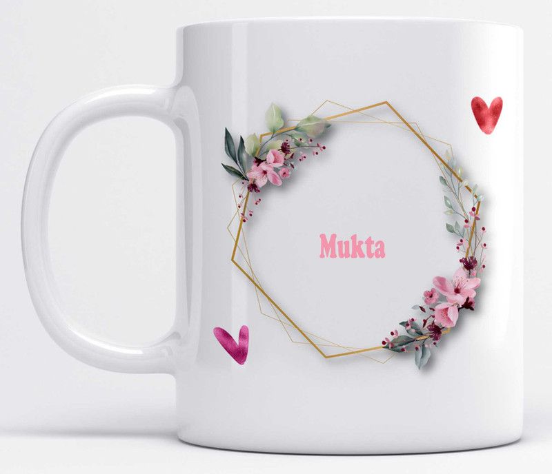 Name Mukta Printed Floral and Hearts Design Ceramic Coffee Mug  (325 ml)
