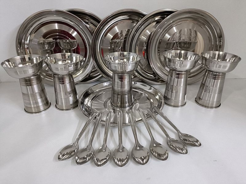 Stainless Steel 6Plates+6Bowls+6Glasses+8Spoons Dinner Set