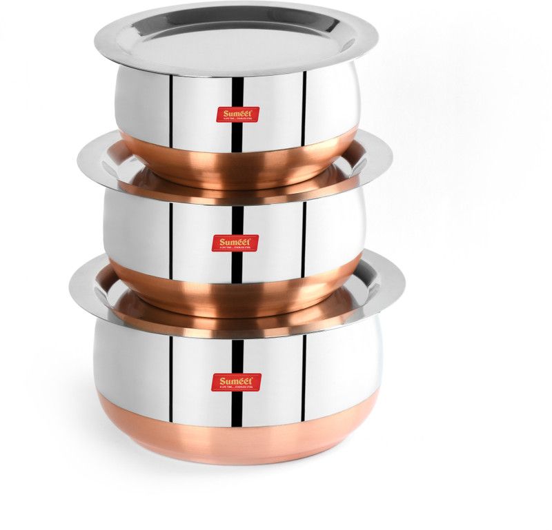 Sumeet Stainless Steel Copper Bottom Belly Shape 3 Pc Tope / Cookware/ Pot Set with Lid 1.1Ltr, 1.4Ltr, 1.75Ltr (Silver) with Lid 1.1 L, 1.4 L, 1.75 L capacity 16.5 cm, 17.9 cm, 19.5 cm diameter  (Stainless Steel)