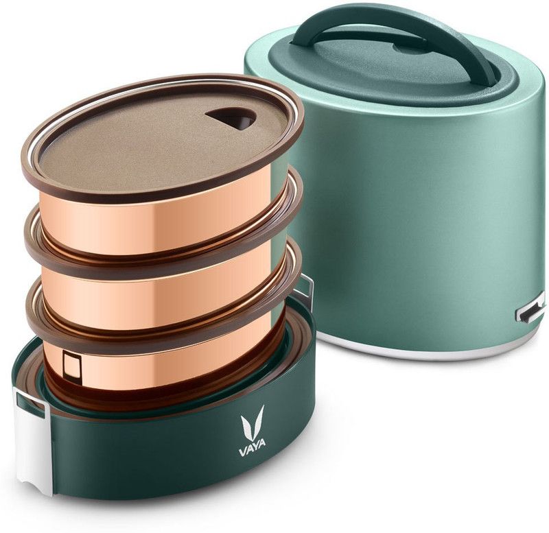 Vaya Tyffyn 1000 ml Green Copper-Finished Stainless Steel Tiffin Box without BagMat (One 400 ml + Two 300 ml Containers) - 3 Containers Lunch Box  (1000 ml, Thermoware)