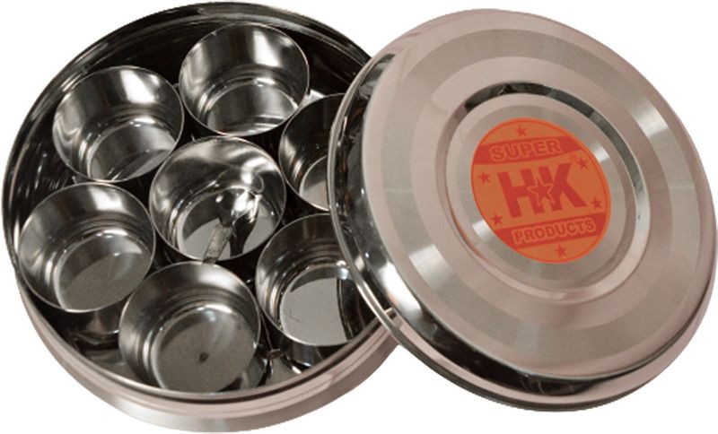 Super HK Stainless Steel Belly Shape Masala (Spice) Box/Dabba/Organiser with 7 Containers and 1 Small Spoon - 1825 Steel Utility Container  (Silver)