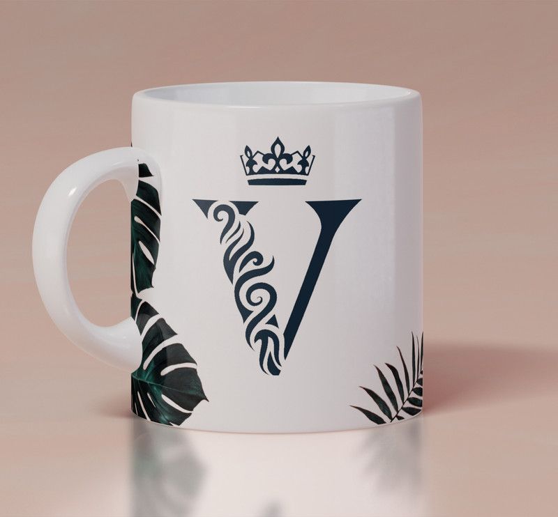 FrameArtz Letter V with leaf design printed Ceramic Coffee Mug  (320 ml)