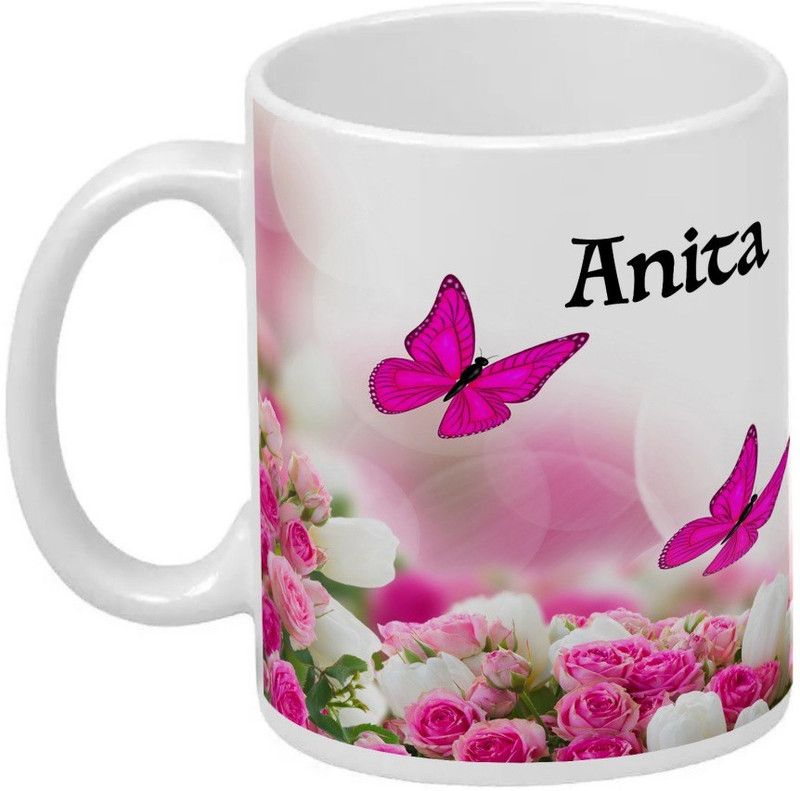 Wagwan Anita Printed Butterflies & Rose Gifts for Girlfriend Wife Sister on Birthday Valentine Rakhi MG112_WHT Ceramic Coffee Mug  (350 ml)
