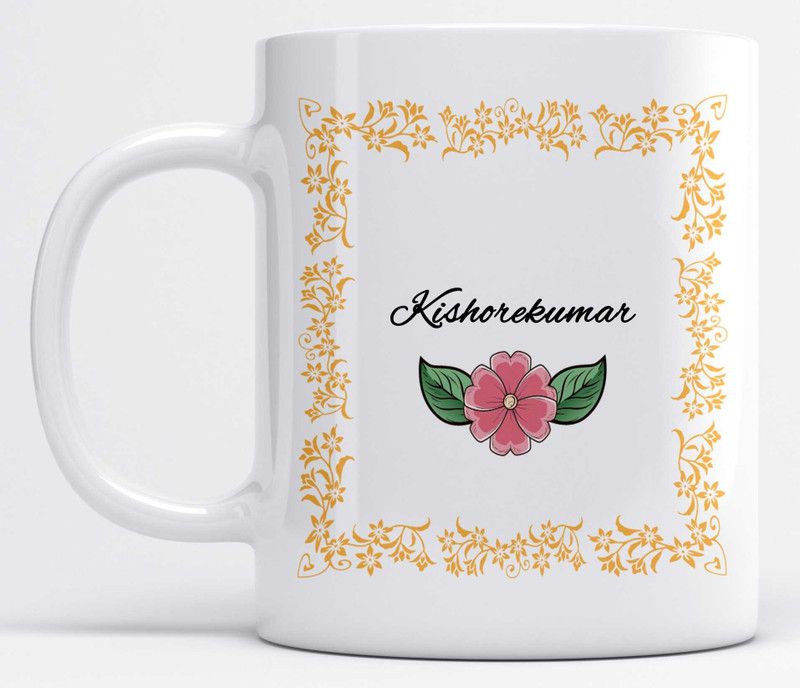 Name Kishorekumar Printed Orange Frame Design White Ceramic Coffee Mug  (350 ml)