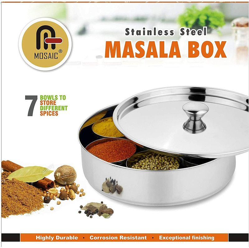 mashok Steel Belly Shape Masala (Spice) Box/Dabba/Organiser with 7 - 1100 ml Steel Utility Container  (Silver)