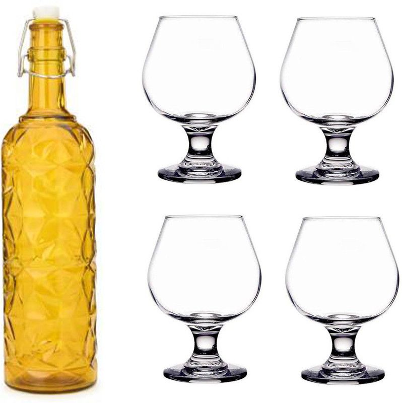 AFAST Bottle & 4 Glass Serving Lemon Set, Yellow, Clear, Glass - A1182 Jug Glass Set  (Glass)