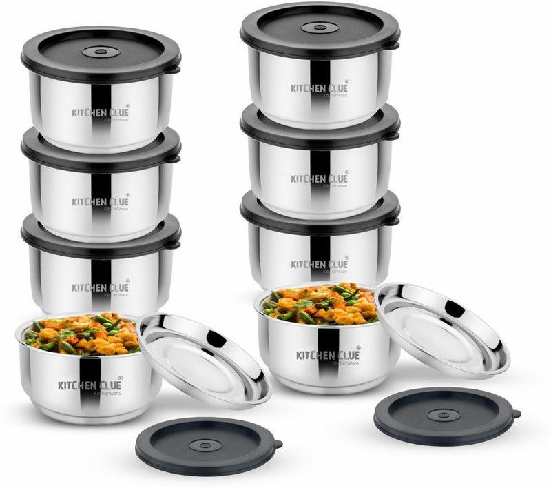 KITCHEN CLUE Insulated Lunch Box Containers Pack 8 Pcs, Airtight & Leak-Proof Lids - 280 Steel, Plastic Utility Container  (Pack of 8, Black, Silver)