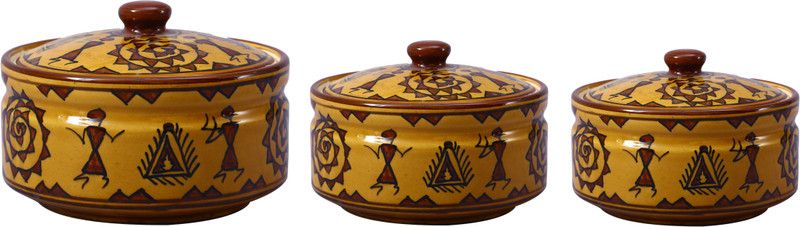 caffeine Serving Donga Casserole Ceramic/Stoneware in Mustard Romani (1 Large, 1 Medium & 1 Small) (Set of 3) Handmade Pack of 3 Serve Casserole Set  (1150 ml)