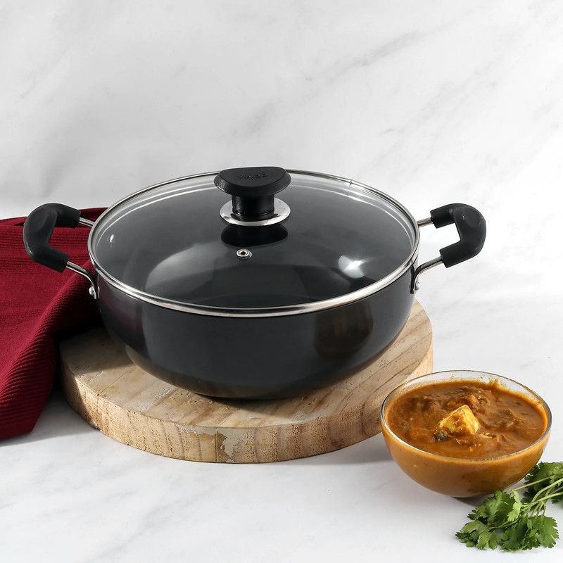 VINOD Black Pearl Plus Hard Anodised Deep Kadai with Glass Lid Kadhai 26 cm diameter with Lid 4.1 L capacity  (Hard Anodised, Induction Bottom)