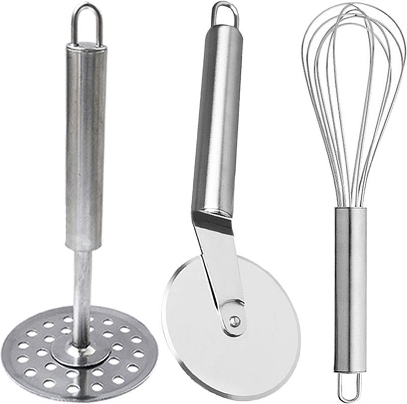 DreamBasket Stainless Steel Potato Masher & Egg Whisk & Pizza Cutter Kitchen Tool Set  (Silver, Masher, Whisk, Cutter)