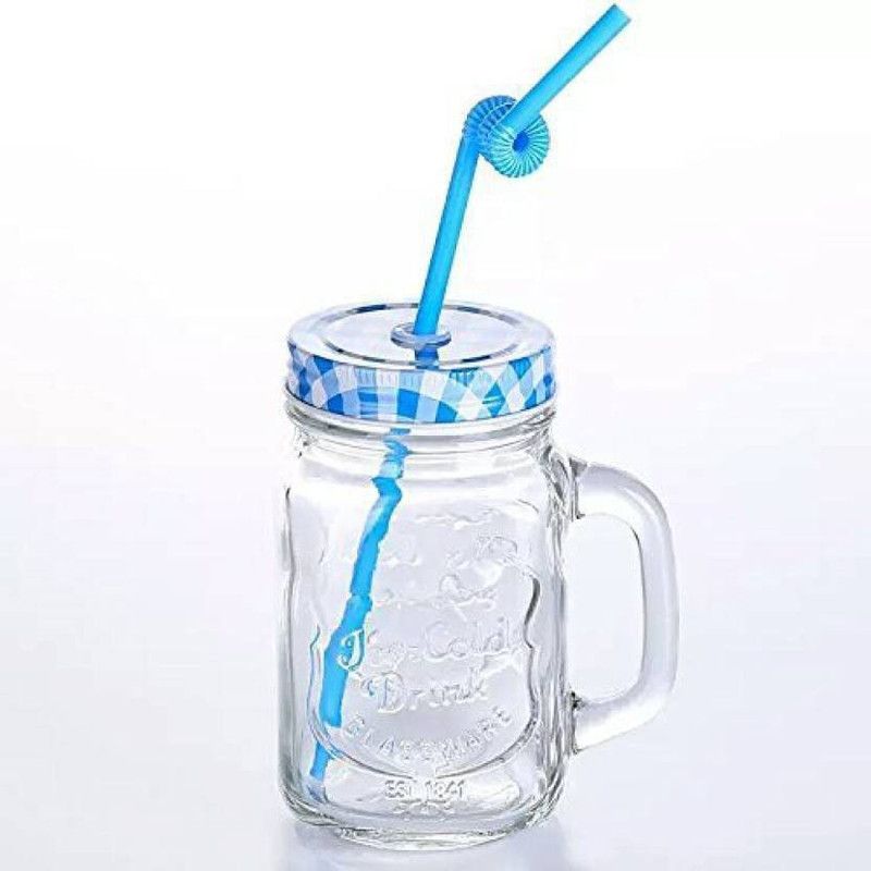 Oxfo Mason Jars with Handle and Straw for Drinking Coffee, Milk, Shake etc Glass Mason Jar  (500 ml)