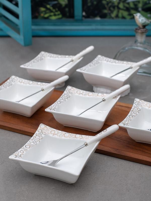 White Gold Porcelain Dessert Bowl Multi Purpose Serving Sweet Bowl Set with Spoons in Real Gold Design 150 ml  (Pack of 6, White)