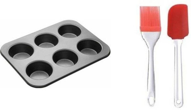 MOREL 6 Slot Round Shape Aluminum Tray with 2 nos Silicon Spatula Slot Round Shape Aluminum Muffin Tray with 2 nos Silicon Spatula Kitchen Tool Set  (Baking Tools)