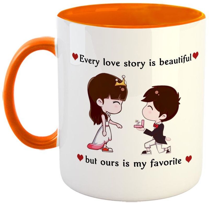 FABTODAY Every love Story is beautiful but ours is my favourite Coffee - Best Valentine Gift for Husband and Boyfriend Girlfriend Wife - Color - Orange Ceramic Coffee Mug  (350 ml)