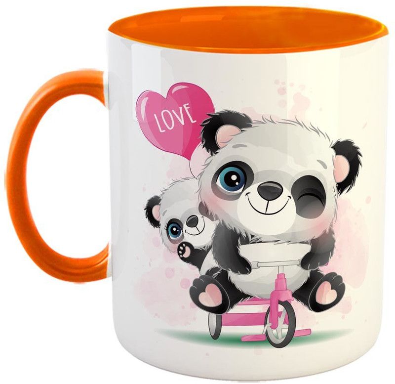 Furnish Fantasy Cute little Panda father son riding bicycle Ceramic Coffee - Best Birthday Gift For Boys, Girls, Kids, Return Gifts - Color - Orange (0775) Ceramic Coffee Mug  (350 ml)