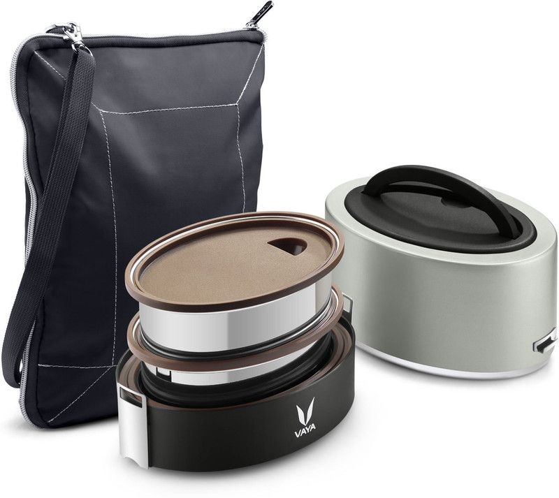 Vaya Tyffyn Lyte 600 ml Silver Polished Stainless Steel Tiffin Box with BagMat (Two 300 ml Containers) - 2 Containers Lunch Box  (600 ml, Thermoware)