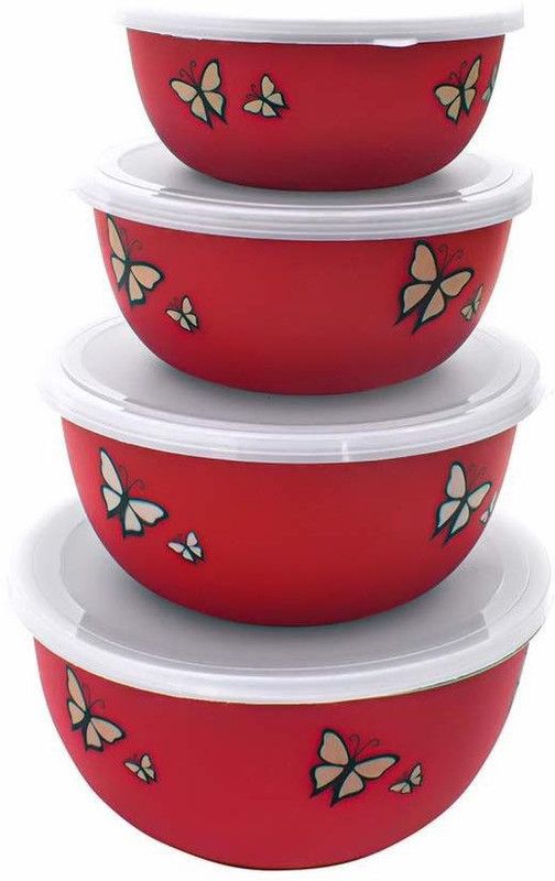 MAGSWAY Microwave Safe Euro lid bowls set of 4Capacity 2000 ML, 1250 ML, 750 ML, 500 ML, Stainless Steel, Polypropylene Salad Bowl  (Red, Pack of 4)
