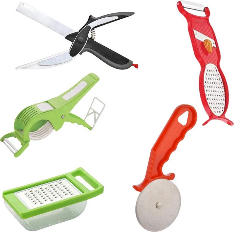 pSmart Kitchen Tool Combo Set PKT84 2 in 1 Veg Cutter,4 in 1 Peeler,Grater,Clever Cutter,Pizza Cutter (Mini) Multicolor Kitchen Tool Set  (Multicolor, Cutter, Peeler, Grater, Knife)