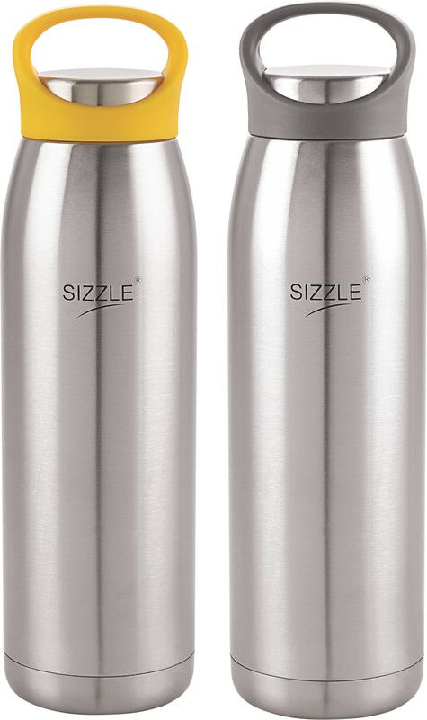 Sizzle Stainless Steel Leak Proof Water Bottle, Set of 2, 900 ML, Grey & Yellow 900 ml Bottle  (Pack of 2, Silver, Steel)
