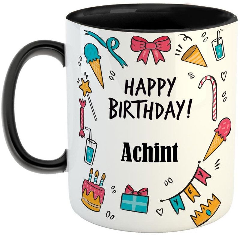 Furnish Fantasy Best Personalised Gift for Birthday, Color - Black, Name - Achint Ceramic Coffee Mug  (350 ml)