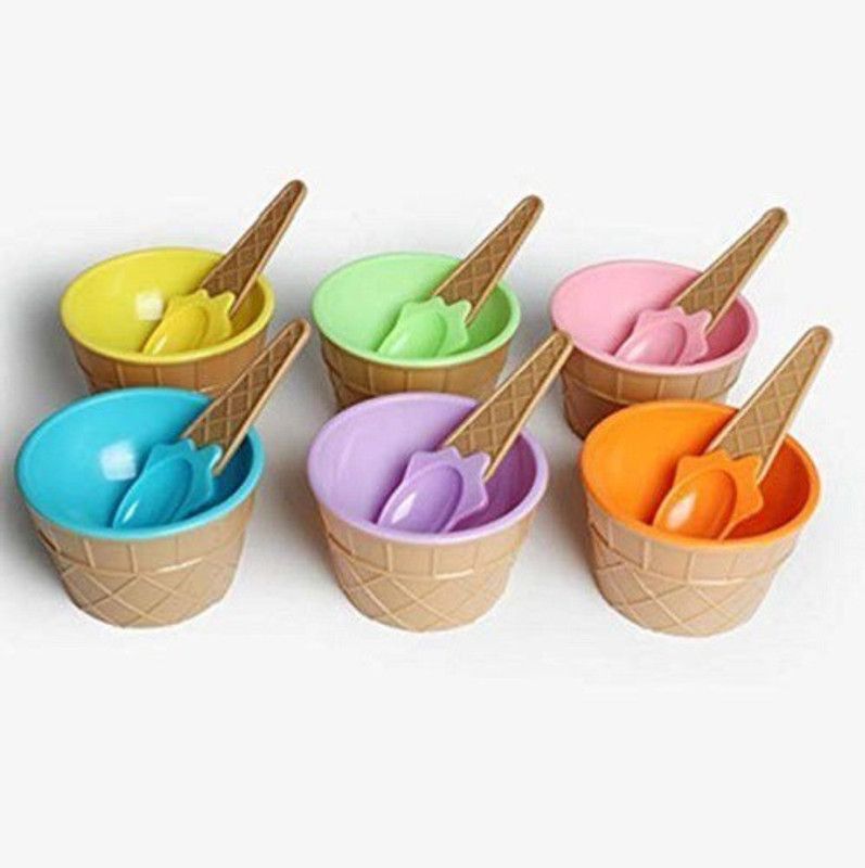 Luxafare Plastic Dessert Bowl Ice Cream Tool Cup High Quality Plastic PS Bowl with Spoon Tools for Children Birthday Party  (Pack of 6, Multicolor)