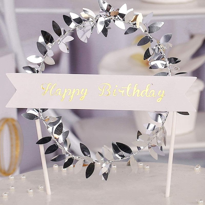 Bash N Splash Happy Birthday Cake Topper, Olive Branch Design for Cake Topper, Birthday Decoration, Cake Topper Sparkling Glittering Silver Frill Design Cake Topper  (Silver Pack of 1)