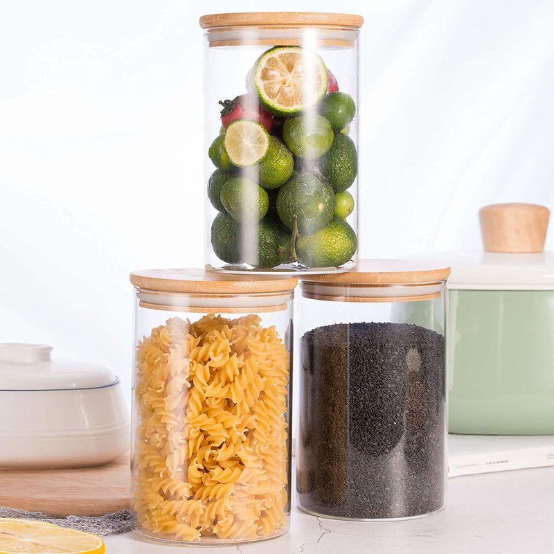 HADIYAL Borosilicate Glass Jar Container, 1050 ml Spice Jam Honey Grocery Pickle Dry Fruit Storage Container with Rust Proof Bamboo Wooden Cap, Transparent - 1050 ml Glass Cookie Jar  (Pack of 3, Clear)