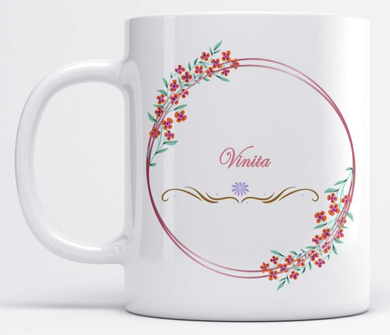 Name Vinita Printed Floral and Leaves Design White Ceramic Coffee Mug  (350 ml)