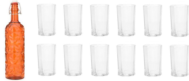 AFAST Bottle & 12 Glass Serving Lemon Set, Orange, Clear, Glass 1000 ml Bottle With Drinking Glass  (Pack of 13, Orange, Clear, Glass)