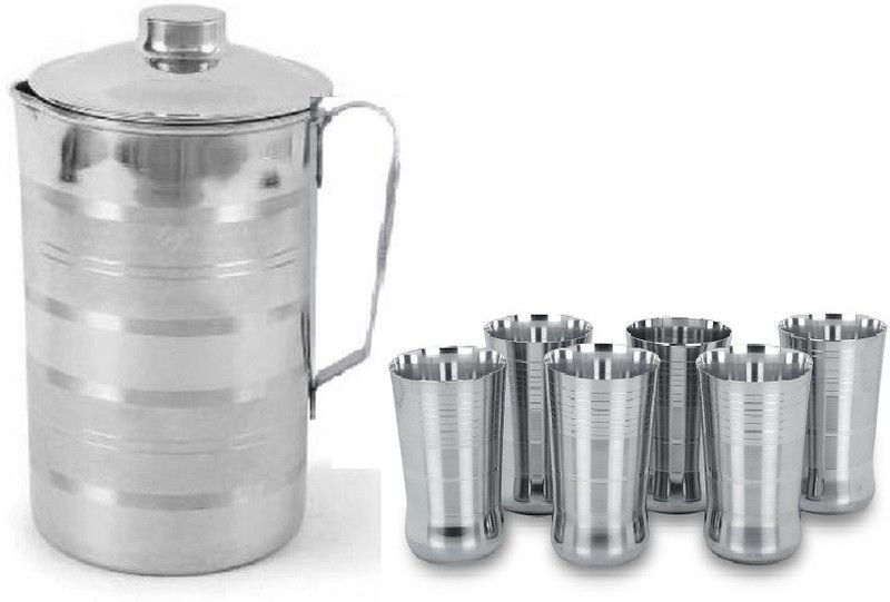 LIMETRO STEEL SS-GLASS-G3-6-JUG-J1-TRAY-ROUND Jug Glass Set  (Steel)