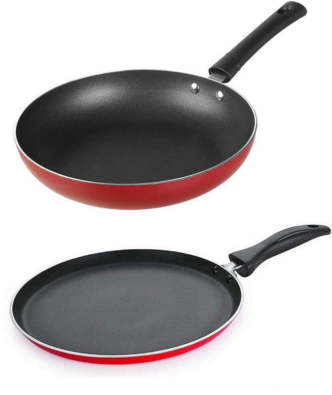HM EVOTEK 3 Layer Coated Fry Pan Without Lids & Dosa Dhosa Flat Tawa MAker Non-Stick Coated Cookware Set  (Aluminium, 2 - Piece)