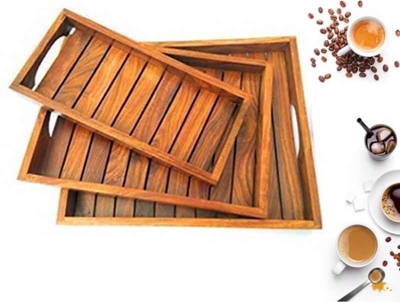 SAWI Wooden Serving Tray with Handles | Rosewood | Pack of 2 | Large - 14 X 10 X 2 | Small - 12 X 8.5 X 2 | Standard and Antique | Perfecto' Dinning Item | S.A. Wood International Tray Serving Set  (Pack of 3)