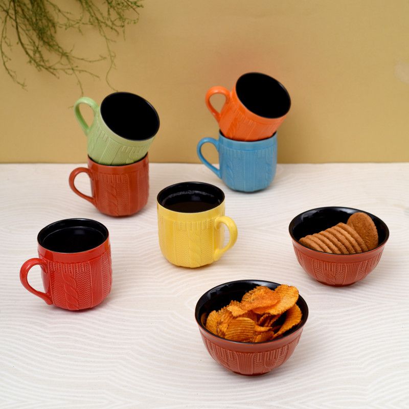 handicrafts home Pack of 6 Ceramic Multicolor Mugs and Bowls coffee and tea cups sets  (Multicolor, Cup and Saucer Set)