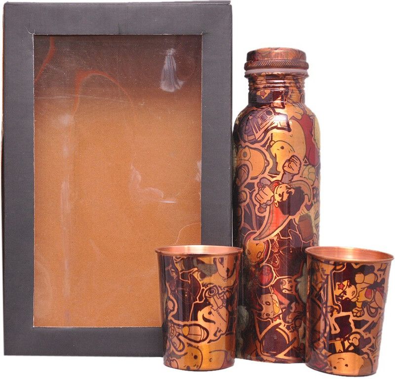 Unrang Copper Bottle with 2 glass pack (Cartoon print) 1000 ml Bottle  (Pack of 1, Brown, Copper)