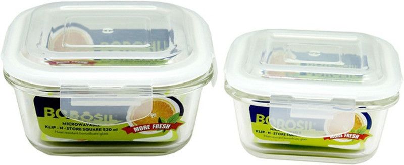 BOROSIL Microwavable Klip - N - Store Square Dish With Lid - 520 ml, 320 ml Glass Grocery Container  (Pack of 2, Clear)