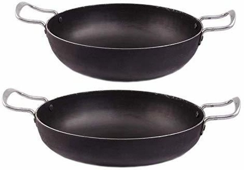 iron cookware set 2pes Combo Iron Kadhai for Cooking deep fry kadai heavy bottom Kadhai 23 cm, 28 cm diameter 2.25 L, 3.75 L capacity  (Iron, Non-stick, Induction Bottom)