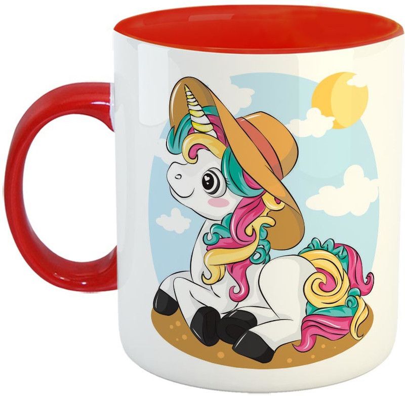 Furnish Fantasy Beautiful unicorn with summer hat beach Ceramic Coffee - Best Birthday Gift for Daughter, Sister, Unicorn Lover - Color - Red (0763) Ceramic Coffee Mug  (350 ml)