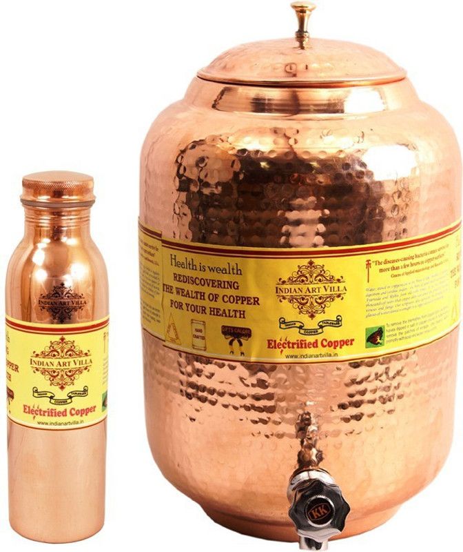 IndianArtVilla Copper Set of 1 Water Pot 5 Liter with 1 Leak Proof Bottle 800 ML - 5 L Copper Grocery Container  (Pack of 2, Brown)