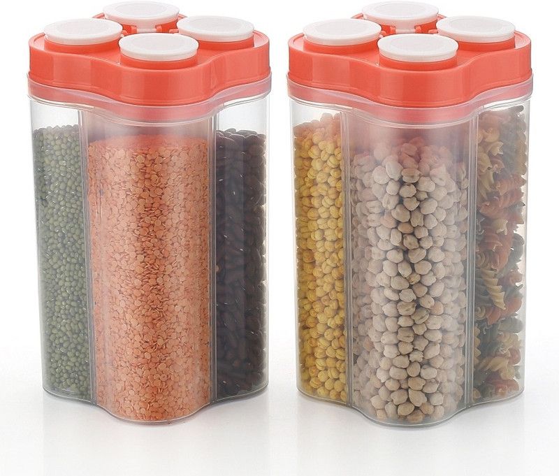 Shiva Ansh Unique Transparent Airtight 4 section Container - 1500 ml Plastic Cereal Dispenser  (Pack of 2, Orange)