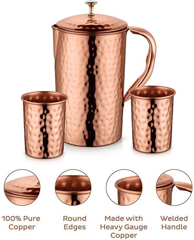 MAGGOT Handcrafted 100% Pure Copper Jug Pitcher with 2 Glass Drinkware Hammered Finish Jug Glass Set  (Copper)