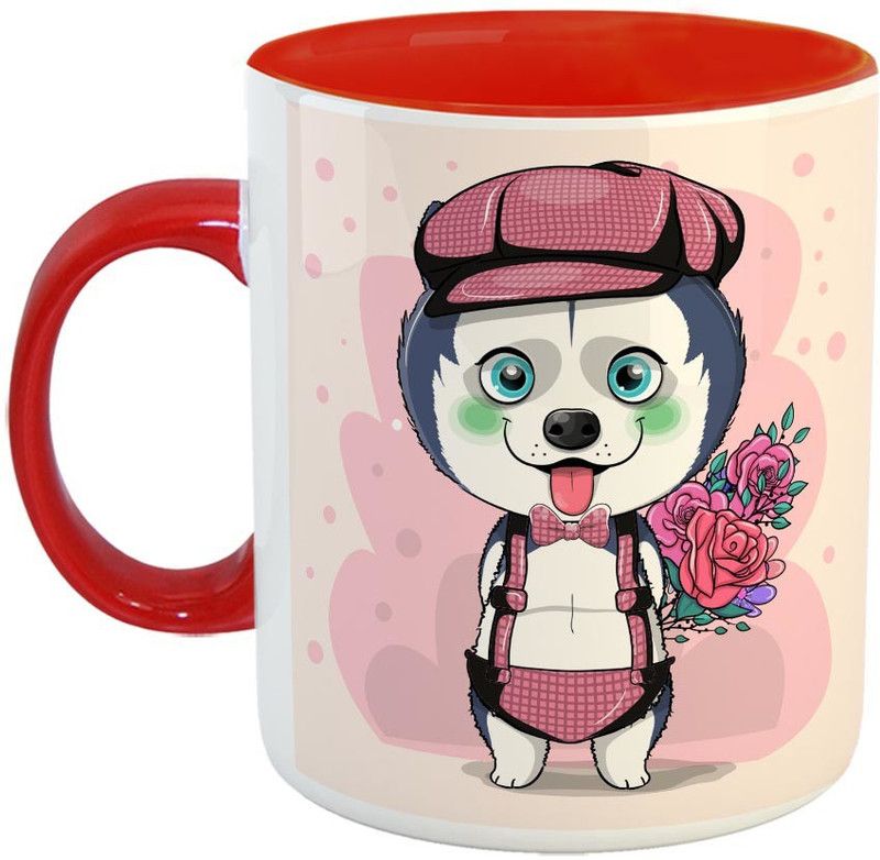 Furnish Fantasy Husky Puppy with Flowers Ceramic Coffee - Best Gift for Kids / Dog Lovers - Color - Red (1161) Ceramic Coffee Mug  (350 ml)