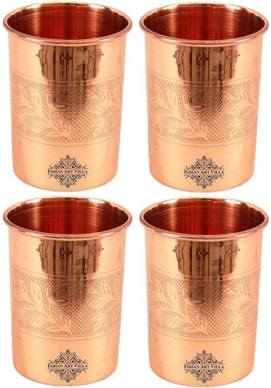IndianArtVilla (Pack of 4) Set of Copper Glass,Embossed Design, Each 300 ML,Drinkware Glass Water/Juice Glass  (300 ml, Copper, Brown)