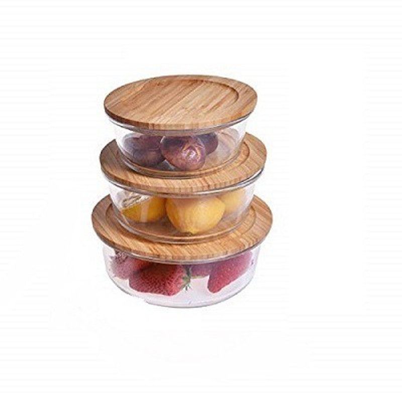 SEAHAVEN Wooden, Glass Fridge Container - 400 ml, 620 ml, 950 ml  (Pack of 3, Multicolor)