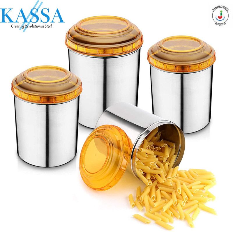 KASSA 4 Pcs Stainless Steel Canisters with Unbreakable Poly Carbonate Lids - 650 ml, 850 ml, 1500 ml, 2200 ml Steel Utility Container  (Pack of 4, Orange)